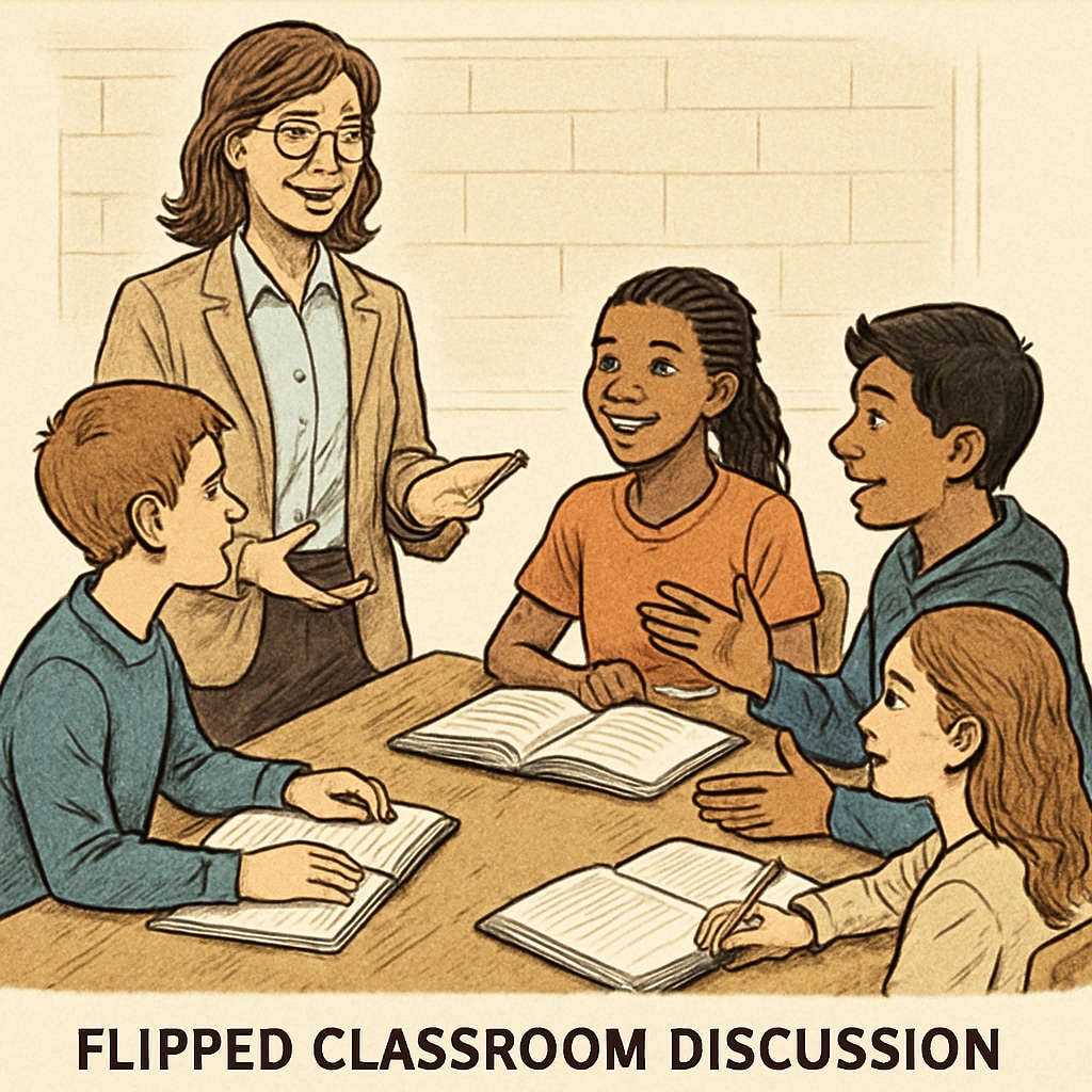 A teacher guiding students in a flipped classroom discussion, showcasing the flipped classroom method. Teacher leading a flipped classroom discussion, aligned with research, learning methods, survey topics.