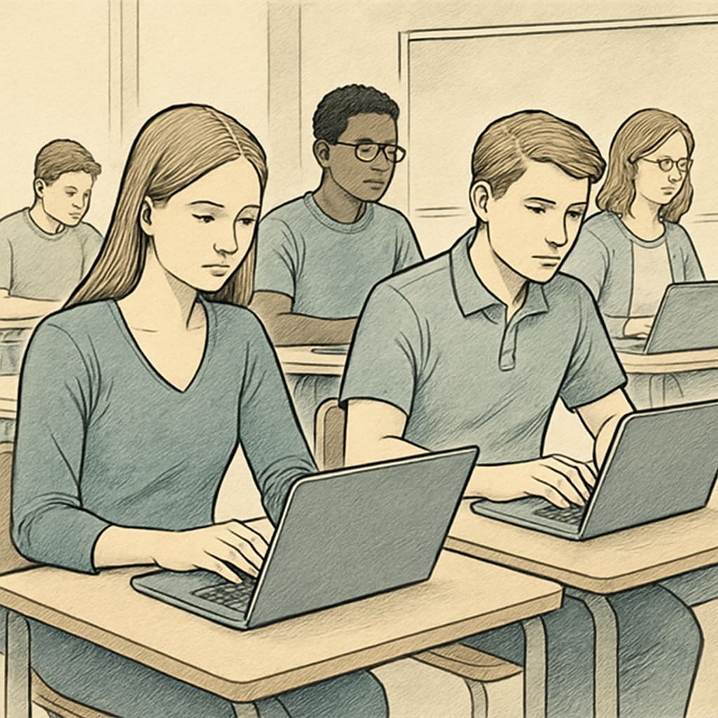 A group of students using laptops in a classroom, symbolizing the integration of digital tools in modern education. Students accessing educational content online in a classroom setting.