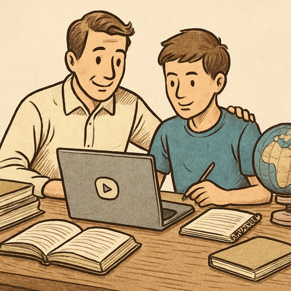 A parent and student reviewing an online course together, symbolizing collaboration in homeschooling. A parent and student discussing coursework from the Khan World School and ASU dual enrollment program.