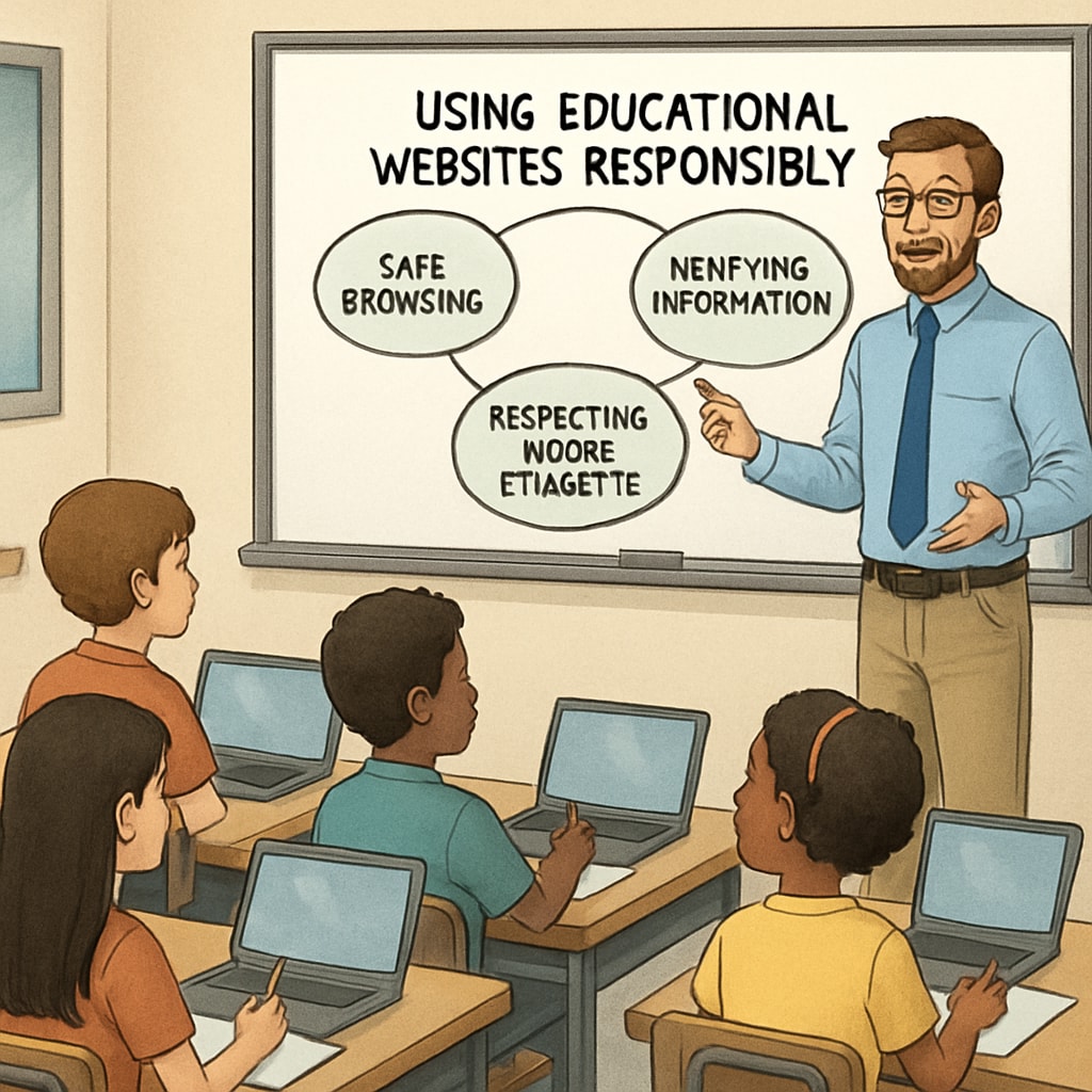 A teacher guiding students on how to use educational websites responsibly, illustrating the importance of digital literacy. A teacher instructing students on responsible internet use.