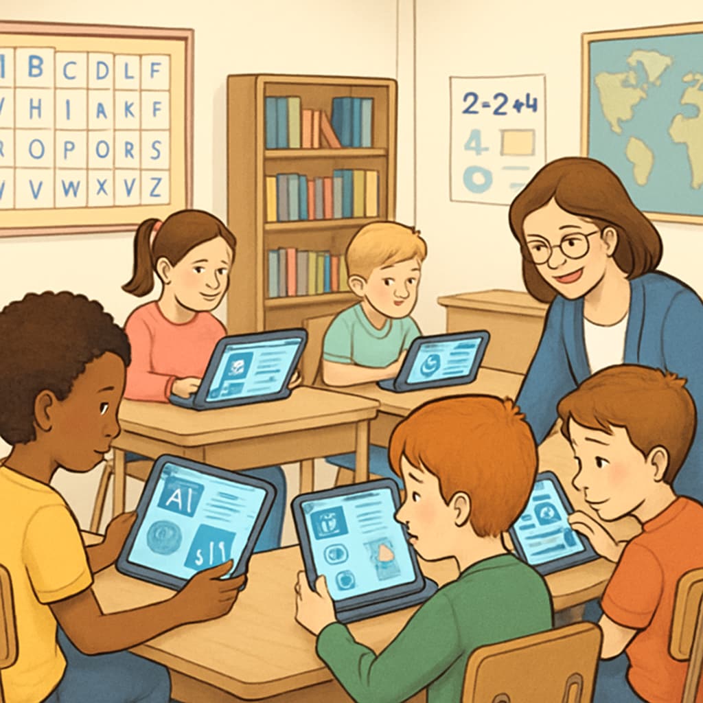 A classroom setting with students using AI-powered learning platforms, demonstrating the integration of technology into education. Students using AI-powered learning platforms in a classroom.