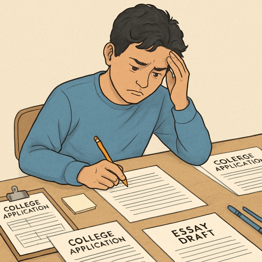 A high school student sitting at a desk, surrounded by college application forms and essay drafts, looking stressed. A student stressed over college application forms, reflecting challenges for new students.