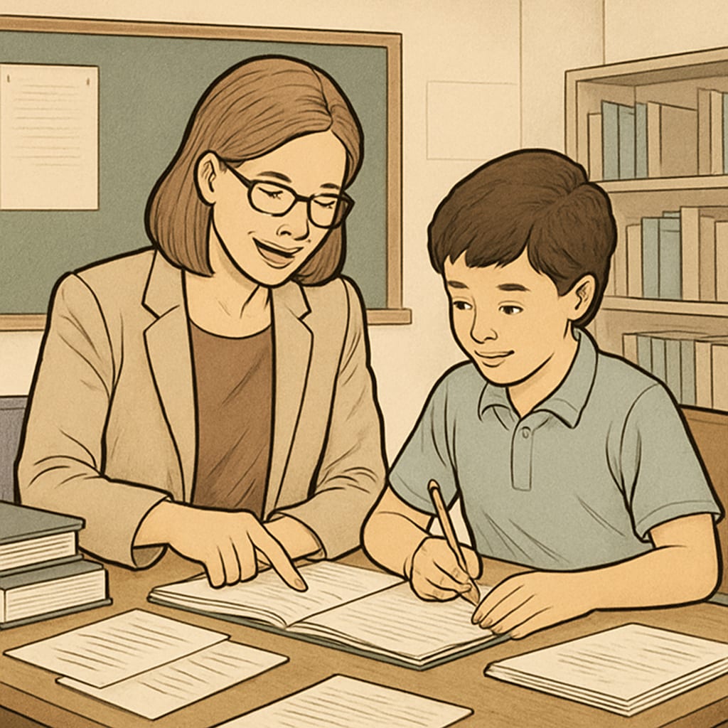 A teacher working one-on-one with a student, emphasizing the human touch that AI cannot replace. Teacher providing individualized guidance to a student.