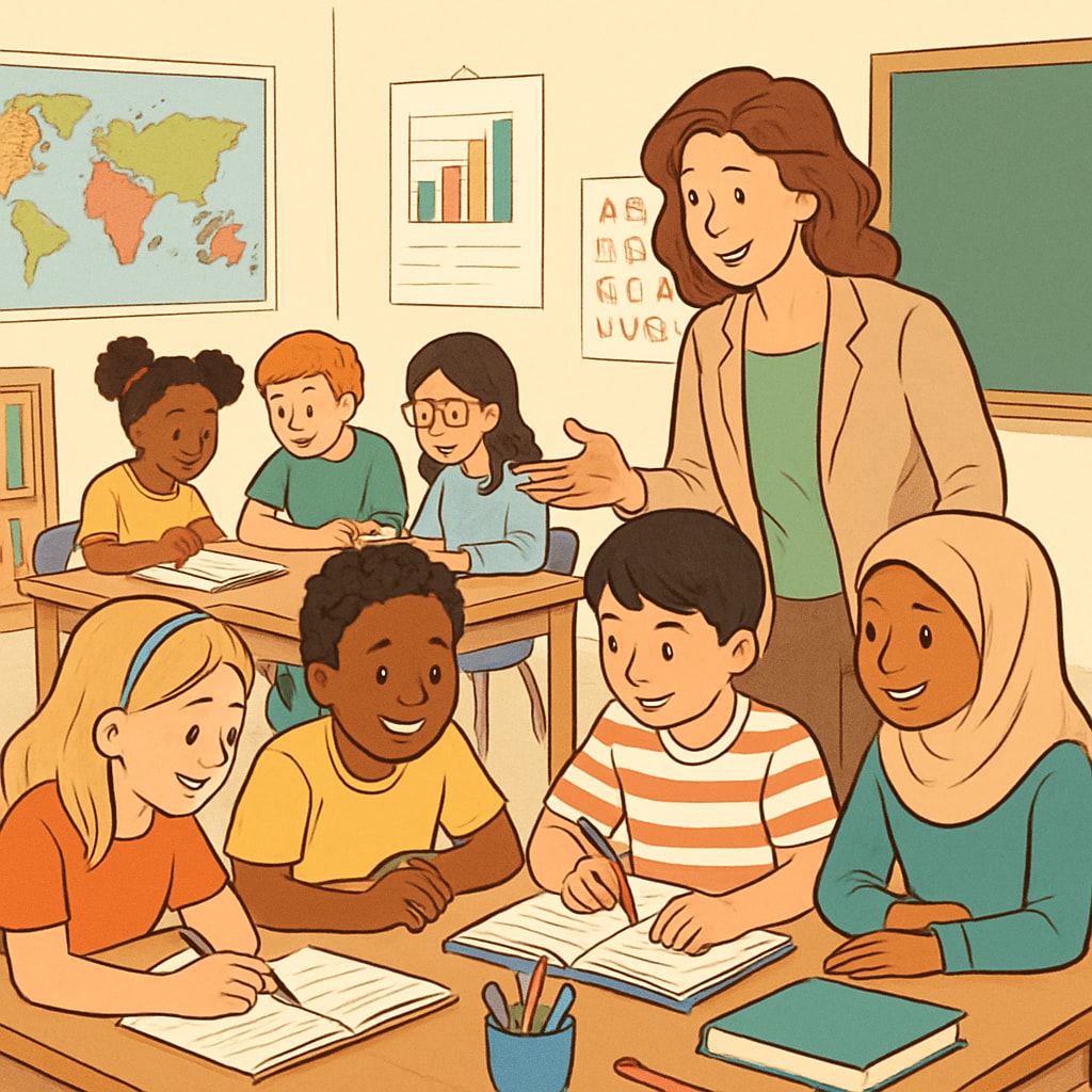 A diverse classroom where students are engaged in group learning, symbolizing the inclusiveness of public schools. A public school classroom with diverse students engaged in group learning.
