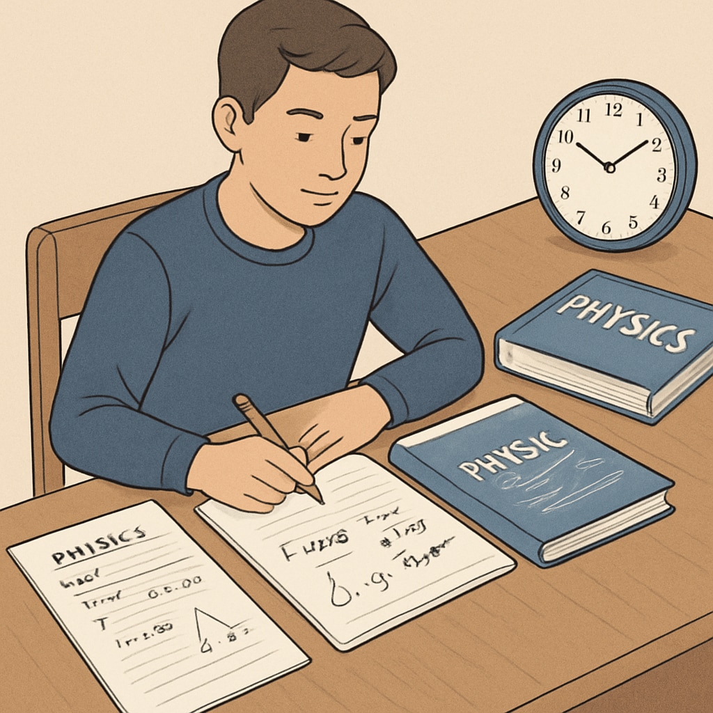 A student studying physics at a desk with notes and a clock, highlighting the importance of time management. A student managing time while studying physics to tackle backlogs.