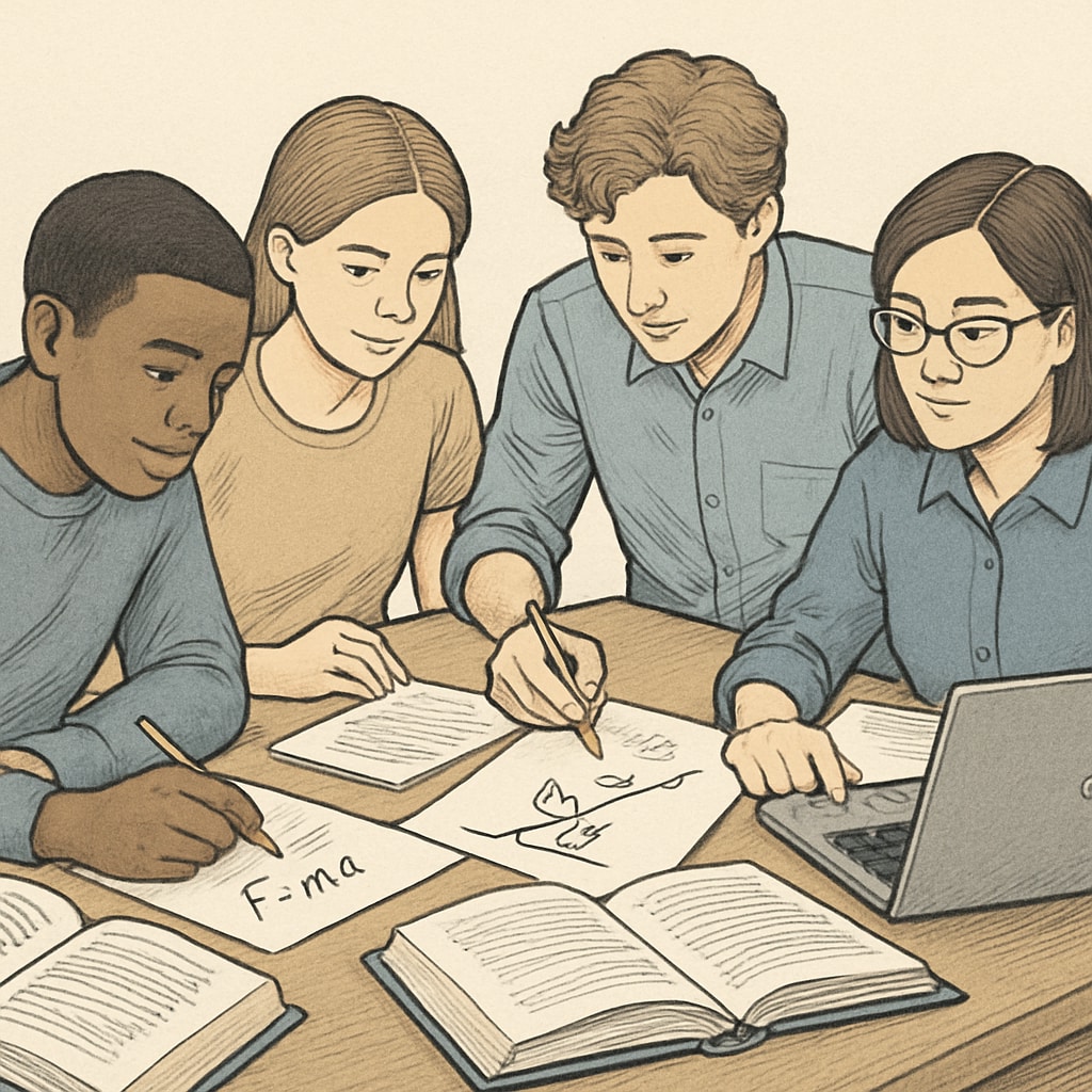 A group of students working together on physics problems with books and a laptop, emphasizing collaboration. Students collaborating on physics topics to overcome backlogs.
