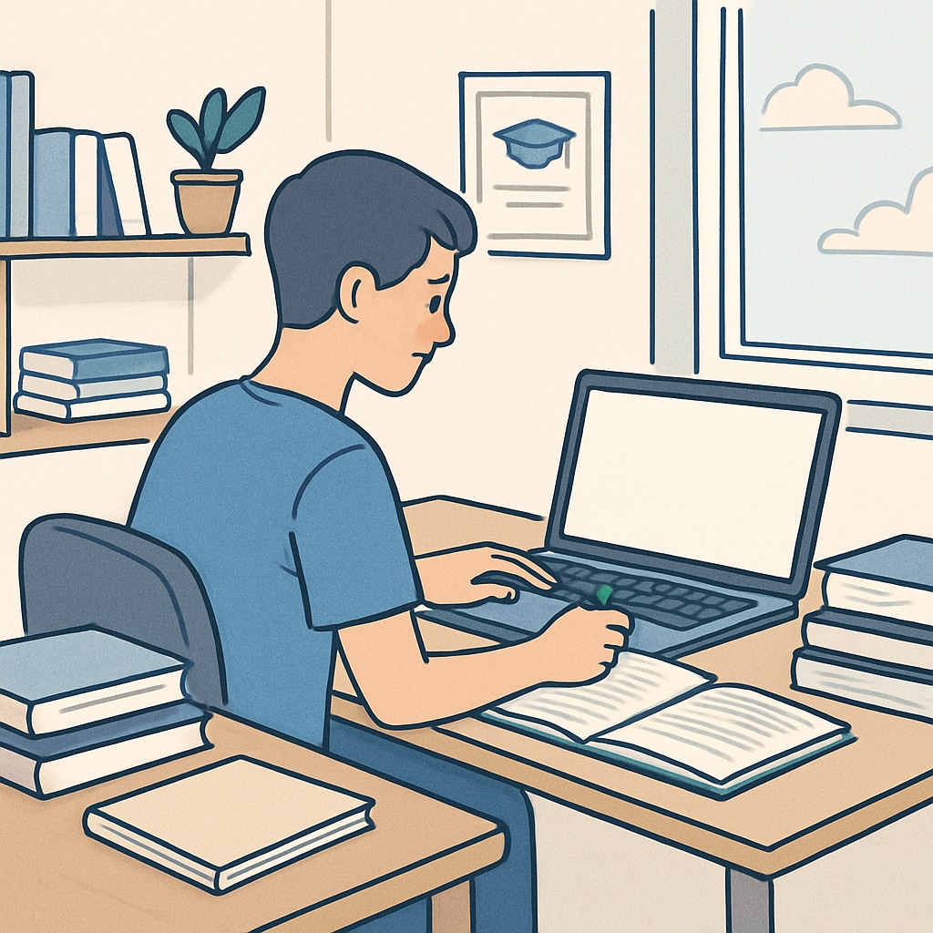A student studying on a laptop at home, representing the flexibility of online high school education. Student studying online for high school diploma recovery.