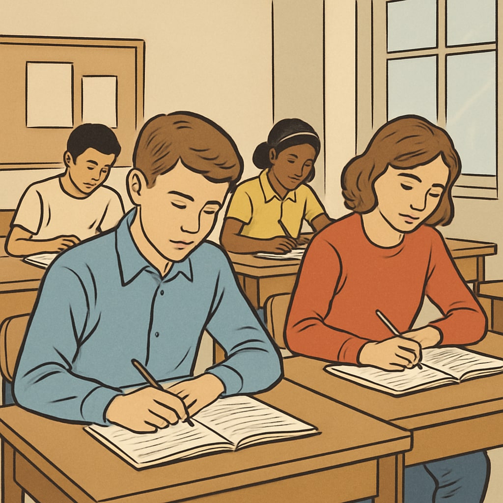 A classroom with students focusing on their work, without visible phones on desks. The image emphasizes an environment free from distractions caused by digital devices. Students working in a classroom with no phones visible, showcasing phone bans in schools.