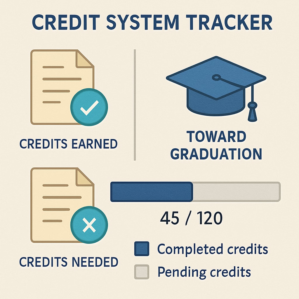 A visual representation of a credit system tracker, helping students monitor their progress toward graduation. Credit system tracker for monitoring online high school progress.