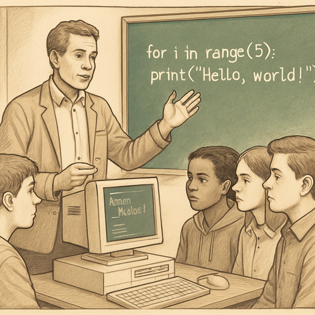 A teacher explaining a coding project to a group of students, reflecting the integration of vocational and technical skills into education. Teacher guiding students in coding, representing vocational skill-building in K-12 education.