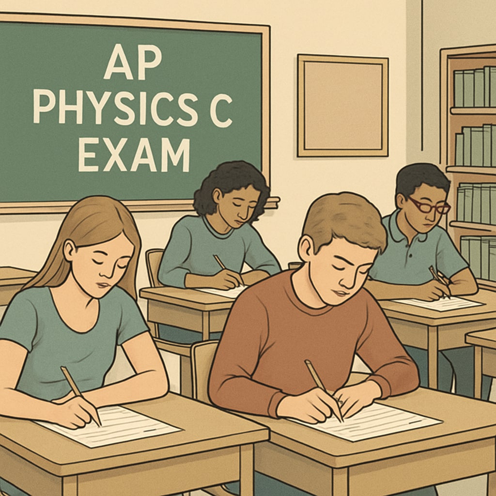 A classroom setting with students taking an AP Physics C exam. AP Physics C students taking an exam, highlighting scoring disputes and exam errors.