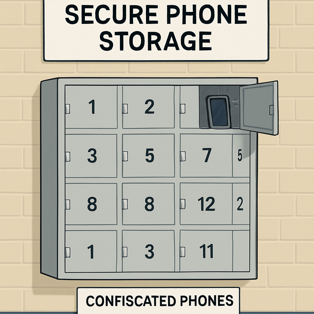 A secure phone storage system in a school setting, illustrating how schools manage confiscated devices during phone bans. Secure storage system for phones in a school, used for phone ban enforcement.
