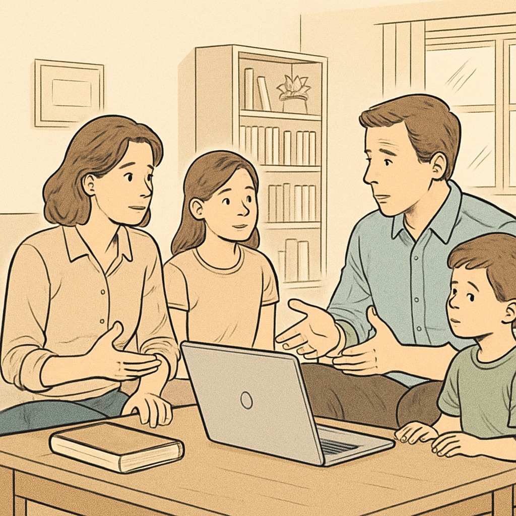 A family discussing online education options at home, with a laptop open on a table. Family discussing online public school options at home.