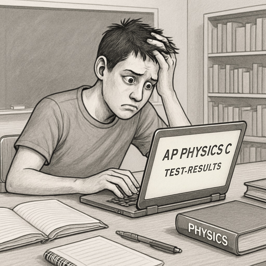 A frustrated student reviewing AP Physics C test results on a laptop. A stressed student analyzing AP Physics C results related to scoring disputes.