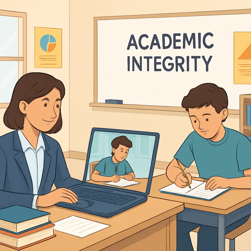 An illustration of a teacher using a laptop to monitor a student’s writing process in real-time. The image symbolizes the use of technology in education to ensure academic integrity. Teacher monitoring student writing with GPTZero for plagiarism detection.