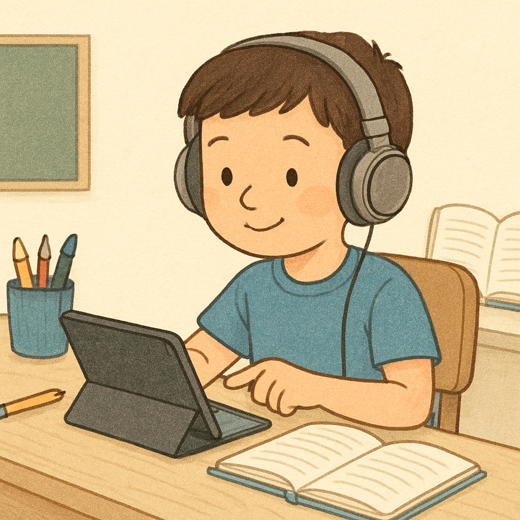 A child engaged in online learning, sitting at a desk with headphones and a tablet. Child participating in an online public school learning session.
