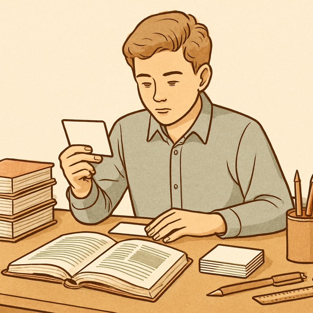 A student studying with flashcards to improve memory retention, representing memory enhancement techniques. Student using flashcards for memory improvement, a key study method.