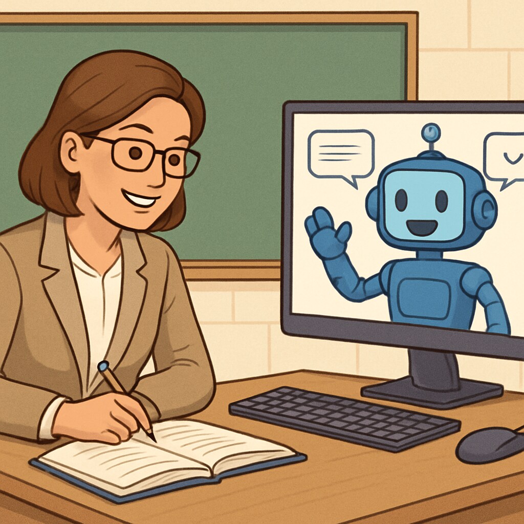 A teacher working alongside an AI-powered system, illustrating collaboration rather than replacement. Teacher collaborating with AI in education.