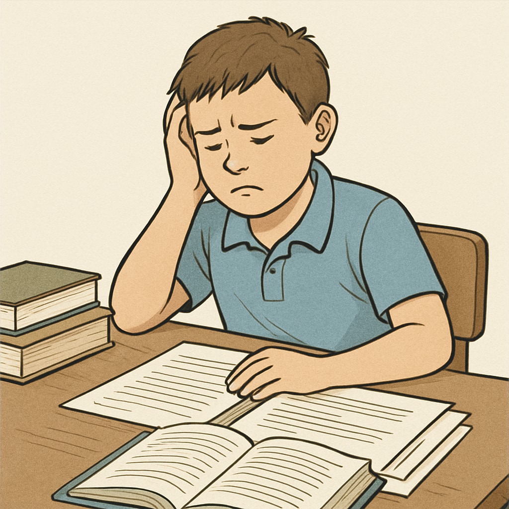 A frustrated special needs student sitting by a desk with school books and paperwork, symbolizing the struggles of delayed school transfers. Special needs student struggling with paperwork, representing school transfer delays.