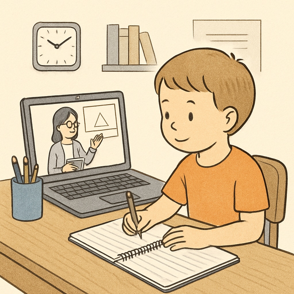 A child sitting at a desk with a laptop, participating in an online class. Student engaging in online education at home