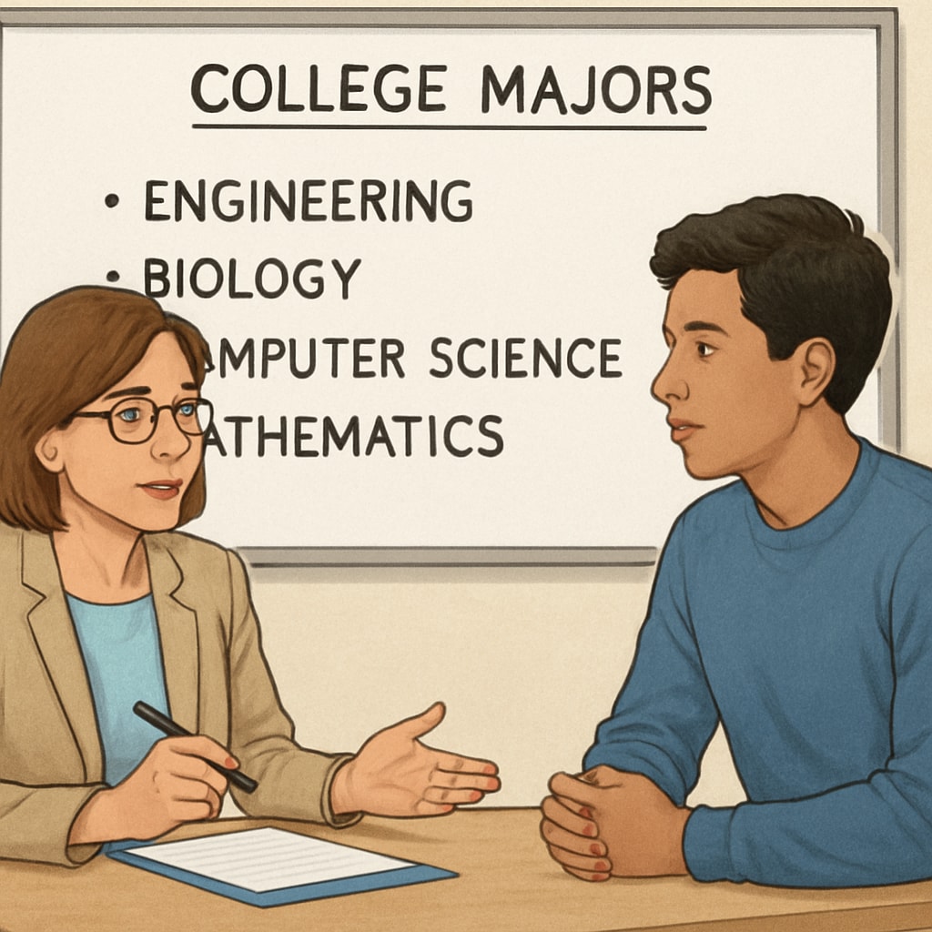 A career counselor discussing college major options with a student, with a whiteboard showing various STEM fields. A career counselor helping a student choose between STEM-related college majors.