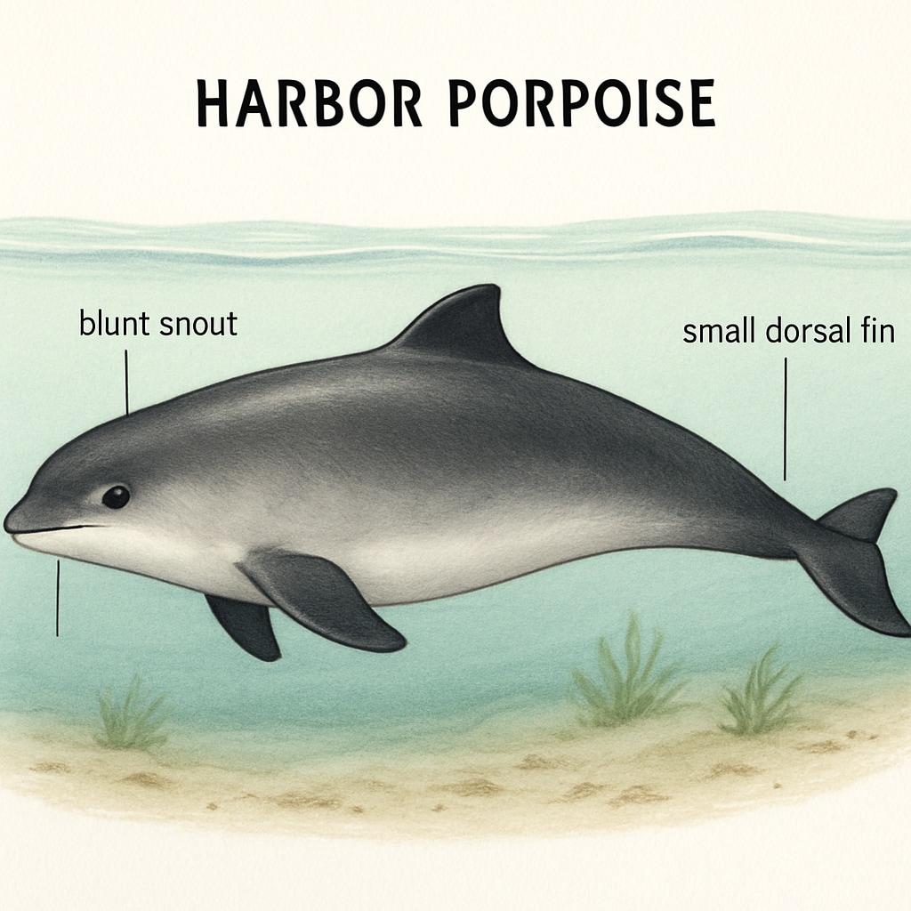 A close-up image of a harbor porpoise swimming in shallow coastal waters, showcasing its blunt snout and small dorsal fin. Harbor porpoise swimming in coastal waters, highlighting its physical traits.