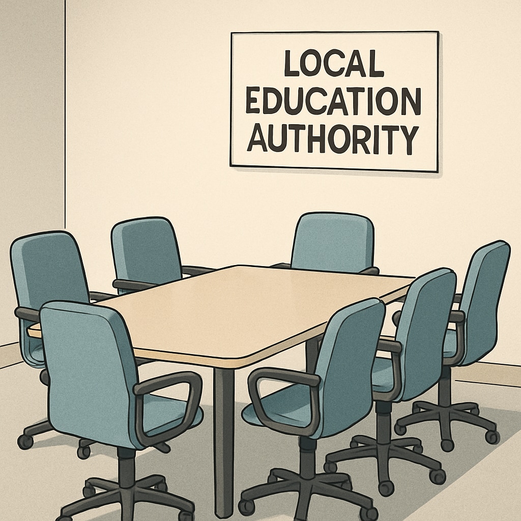 A meeting room with empty chairs and a sign reading Local education authority delays symbolized by empty meeting chairs.