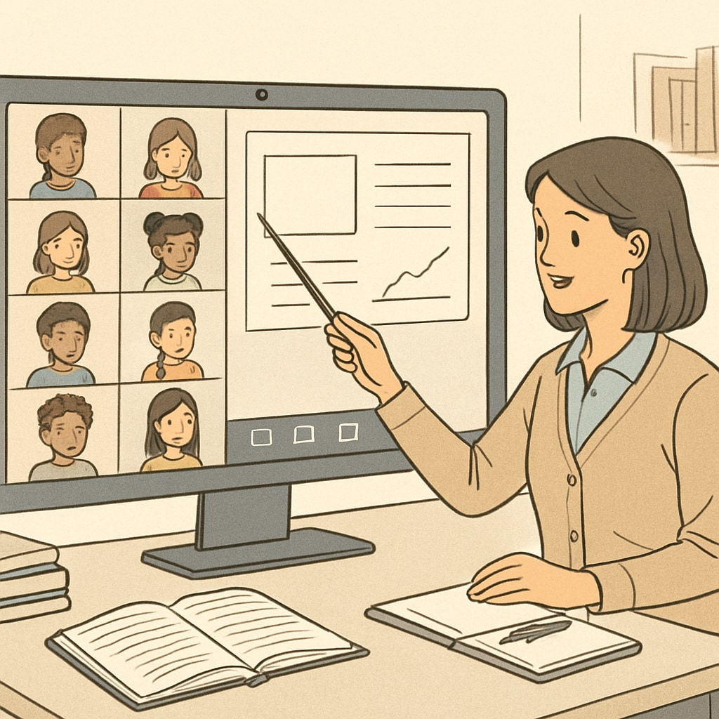 A teacher conducting a virtual lesson, interacting with students via a video conferencing platform. Online teacher leading a virtual classroom session