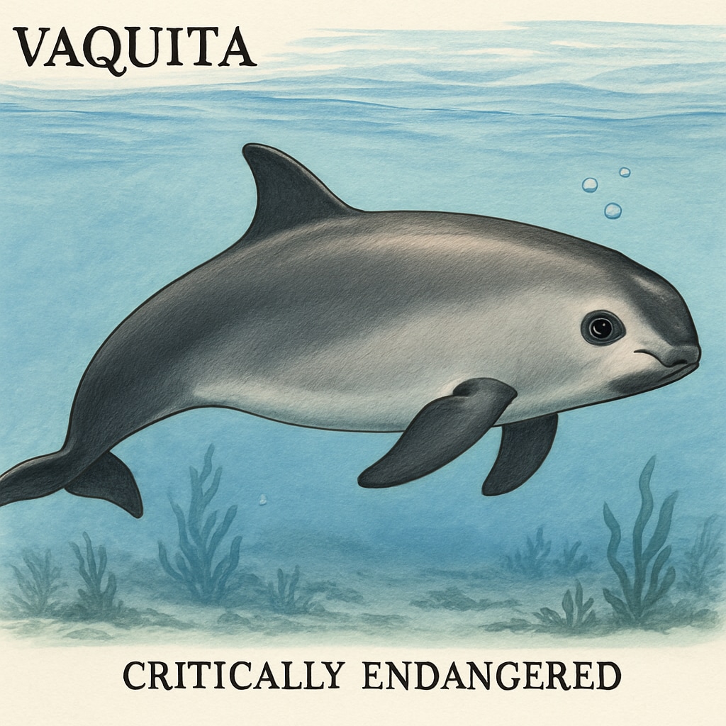 An artistic rendering of the critically endangered vaquita porpoise in its natural habitat, emphasizing its rarity. Artistic image of the vaquita porpoise, the world's rarest marine mammal.