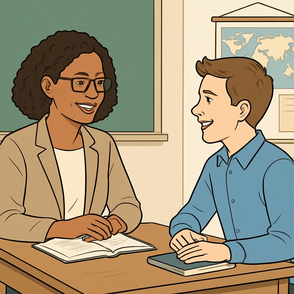 A teacher and a student sharing a smile during a one-on-one discussion, capturing the essence of mutual respect and appreciation. Teacher and student smiling during a one-on-one discussion, highlighting student-teacher interaction.