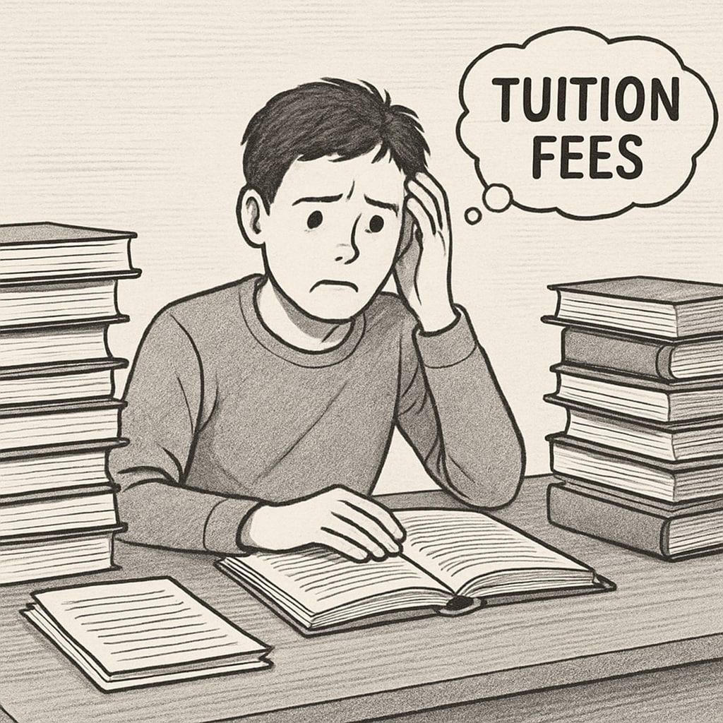 A student sitting at a desk surrounded by books, looking worried about paying their university tuition fees. Immigrant student concerned about paying international tuition fees at Oxford University.