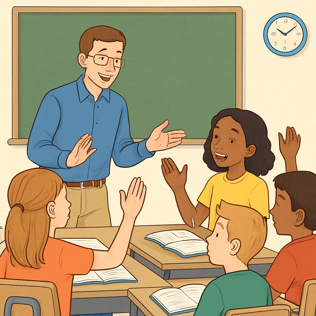 A classroom setting where students and a teacher engage in a lively discussion, symbolizing an environment built on mutual respect and interaction. Classroom discussion showcasing teacher influence and student interaction.