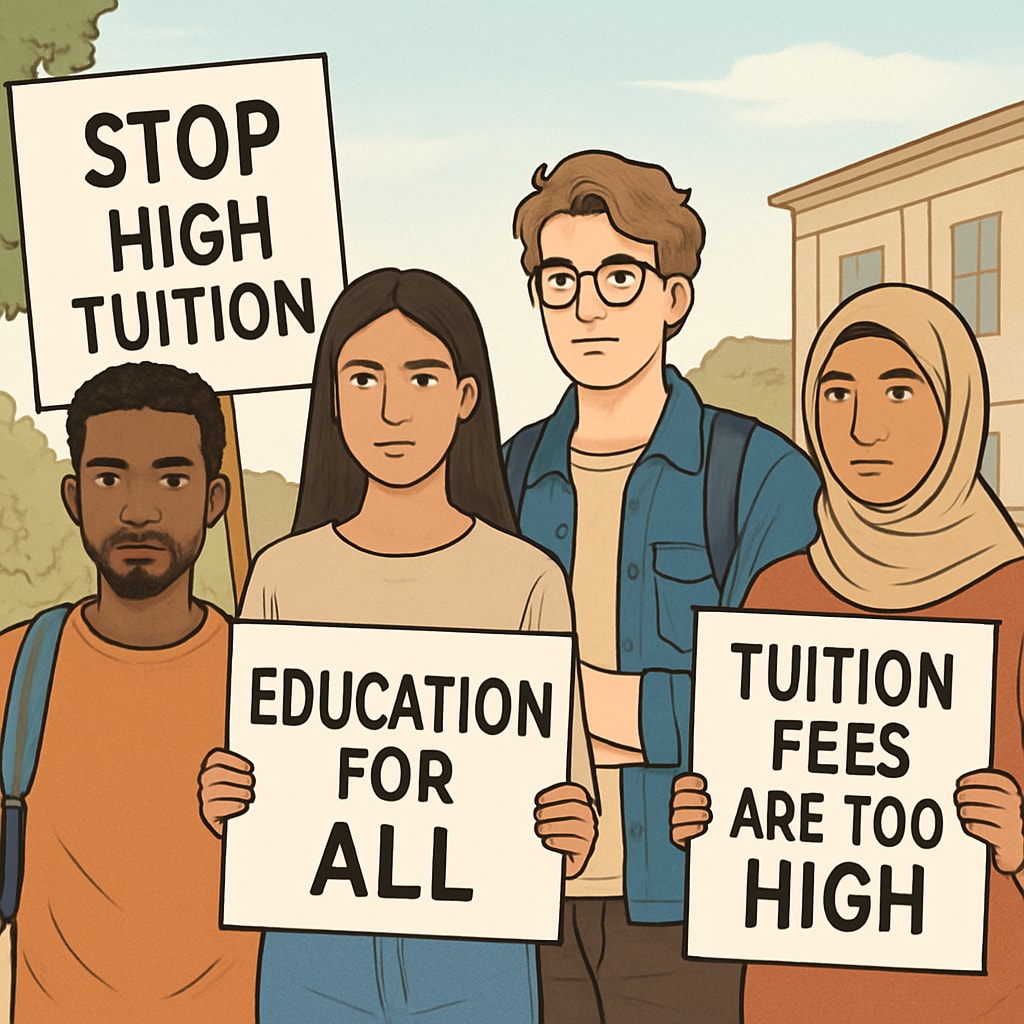 A diverse group of students protesting against high tuition fees, holding signs advocating for education equity. Students advocating for fair tuition fees and education equity, including immigrant students.
