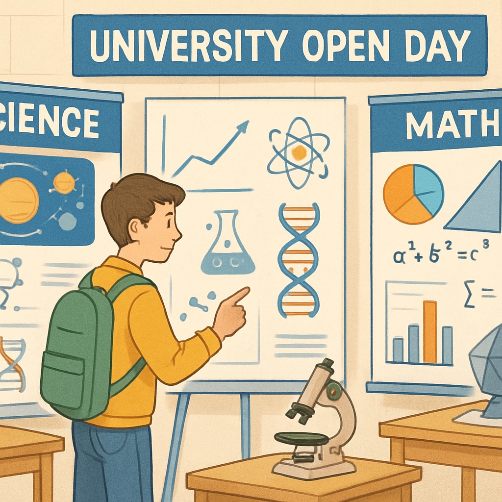 A student at a university open day, engaging with displays related to science and math programs. High school student exploring math and science degree options.