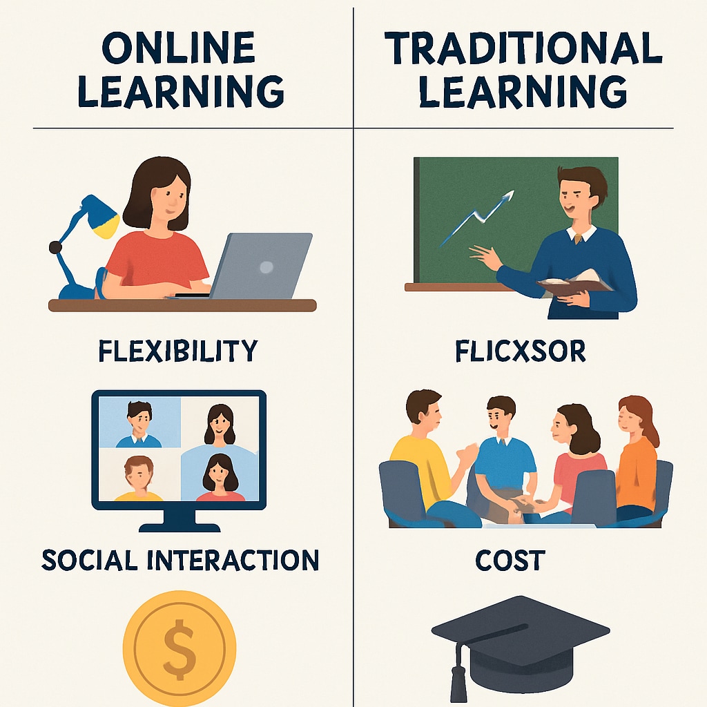 A comparison chart showing the differences between online and traditional learning models, highlighting flexibility, social interaction, and cost. Chart comparing online and traditional education, emphasizing flexibility and social interaction.