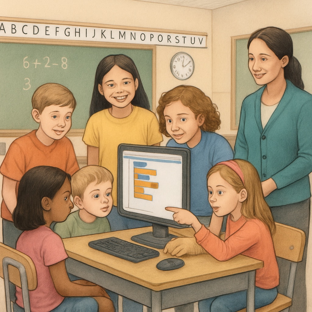 A group of fourth-grade students teaching kindergarteners how to use a computer program in a classroom setting. Kindergarten partner project with fourth graders working on computer-based activities.