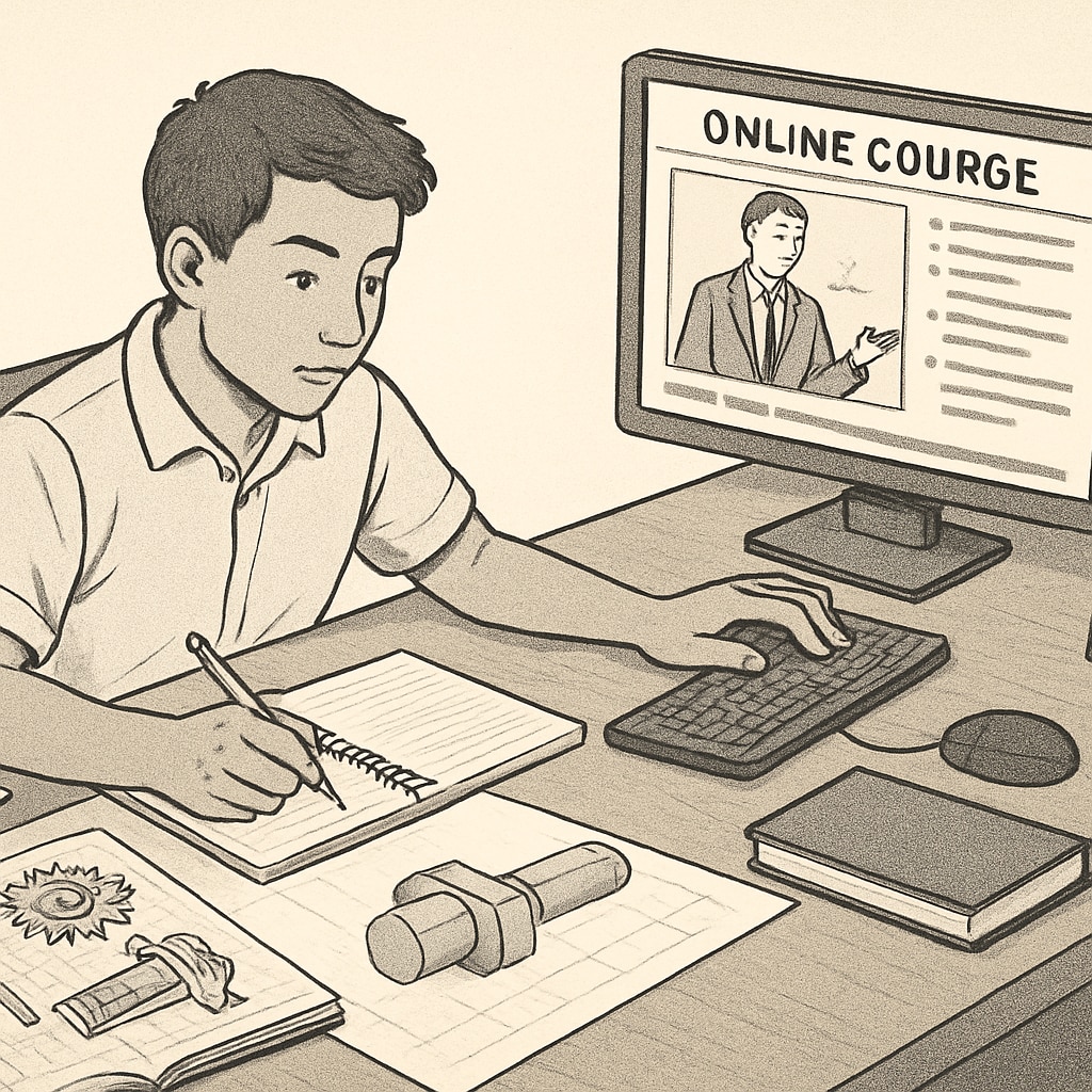 A student multitasking with mechanical engineering tools on one side and an online course on another screen. A student balancing mechanical engineering and an online second degree.