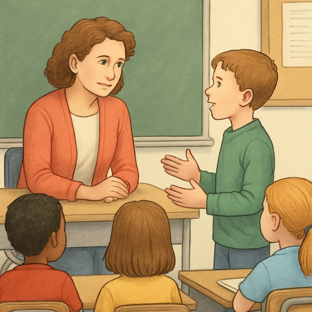 A classroom setting where a teacher is attentively listening to a student, emphasizing respect and connection. A teacher listening to a student in a classroom setting, showcasing the power of respect in education.