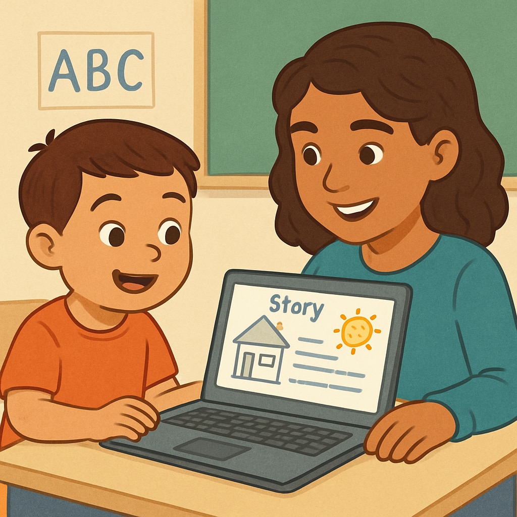 A kindergarten student and a fourth grader collaborating on a digital storytelling platform, with smiles and focus evident on their faces. Cross-age educational activity with kindergarten and fourth-grade students creating digital stories.