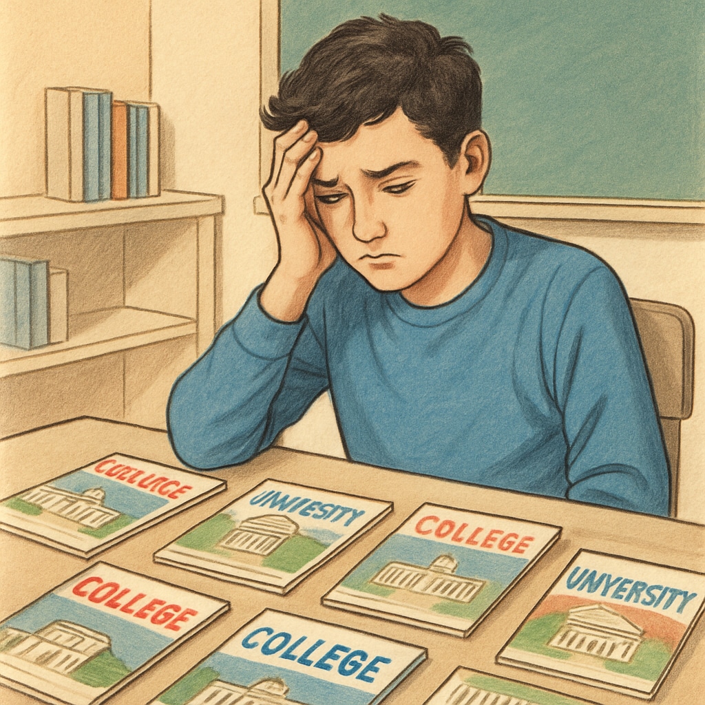 A high school student looking overwhelmed while studying college brochures at their desk. High school student overwhelmed with college application brochures.