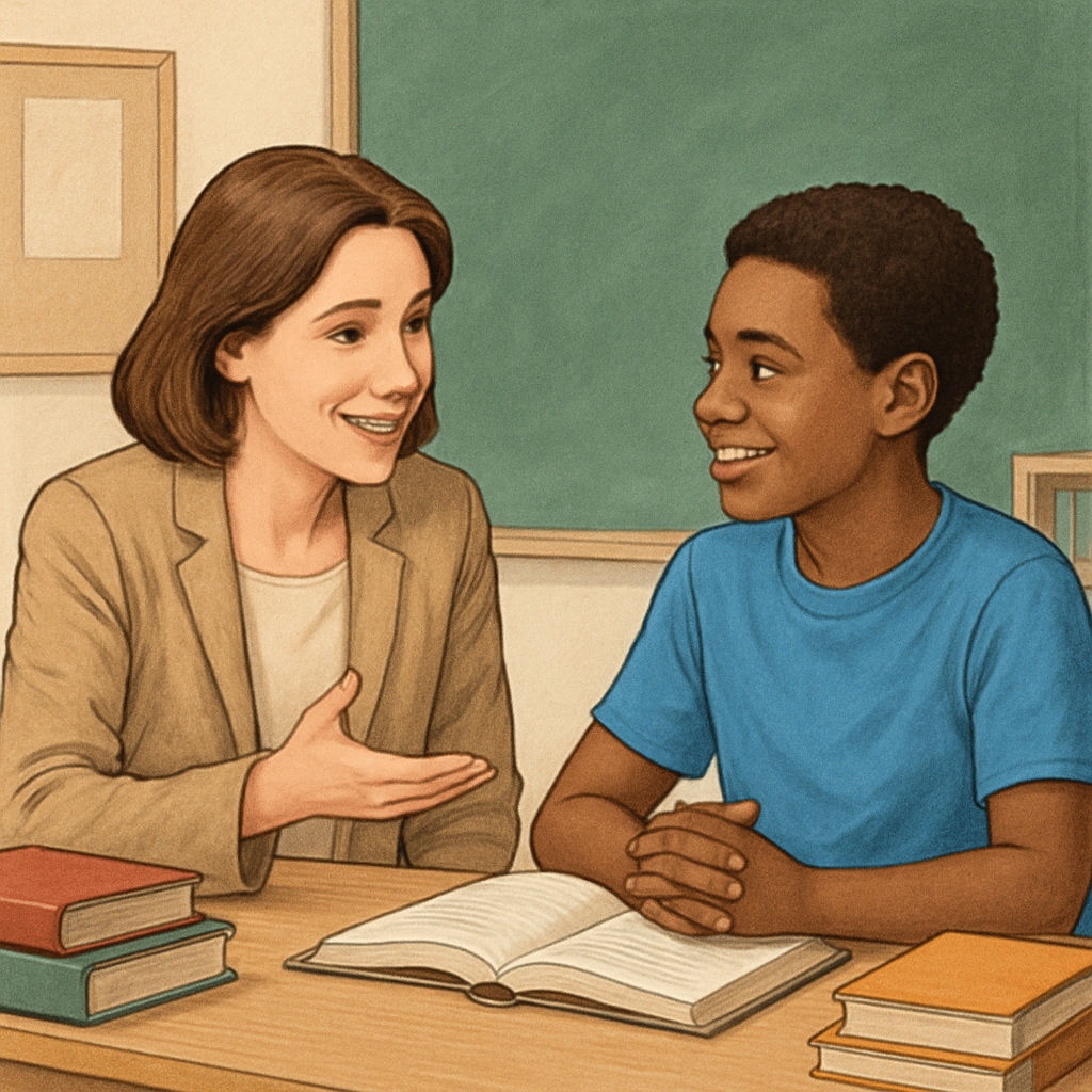A close-up of a teacher and student having a meaningful conversation, demonstrating mutual respect and understanding. A teacher and student engaging in a respectful dialogue, highlighting the importance of listening in education.