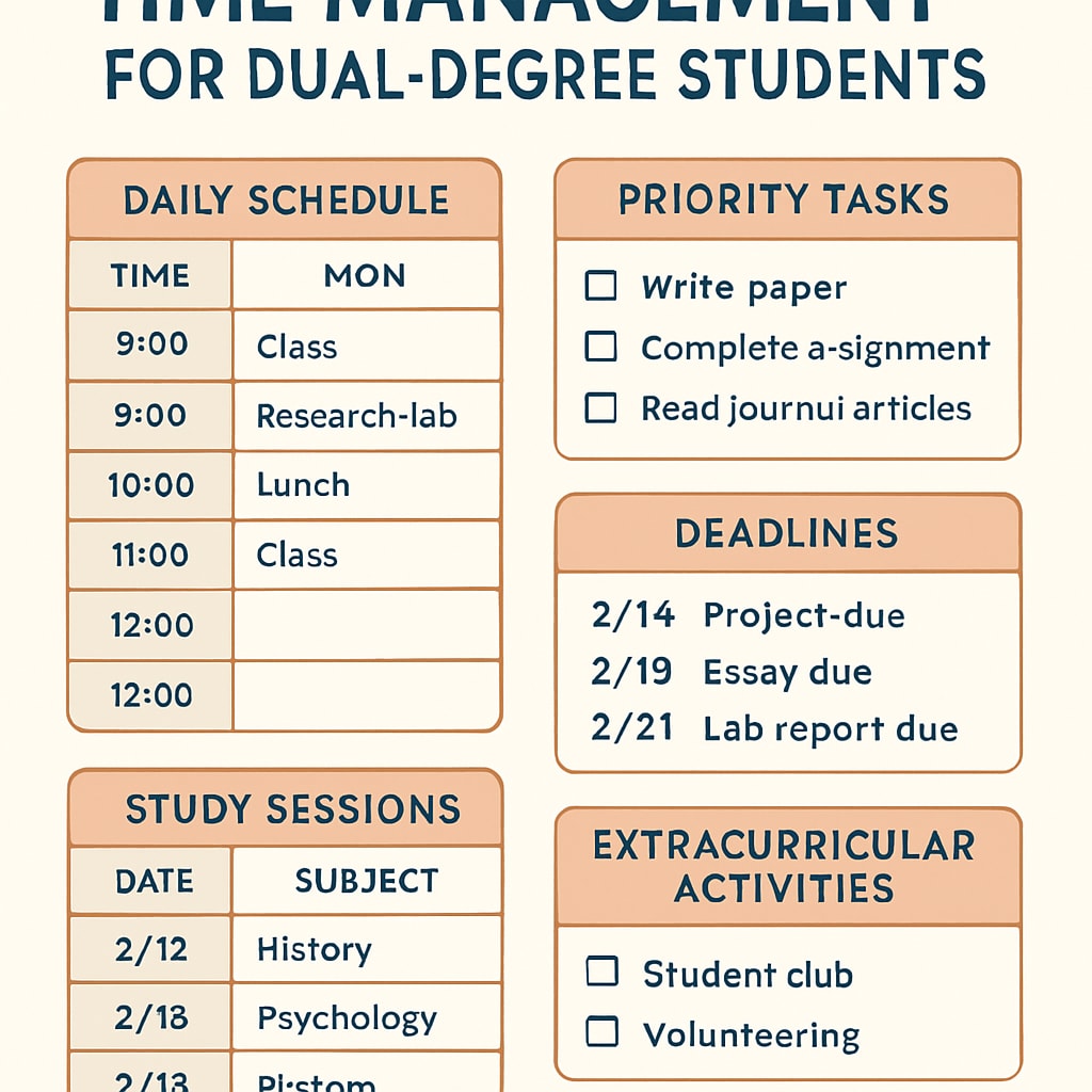 A detailed planner showing time management strategies for a dual-degree student. A planner for managing mechanical engineering and an online second degree.