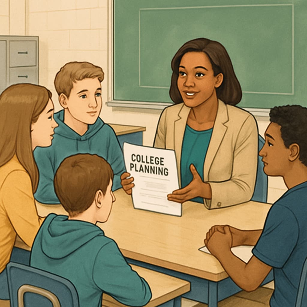 A guidance counselor discussing college planning with a group of freshman students in a classroom setting. Guidance counselor helping students plan for college applications.