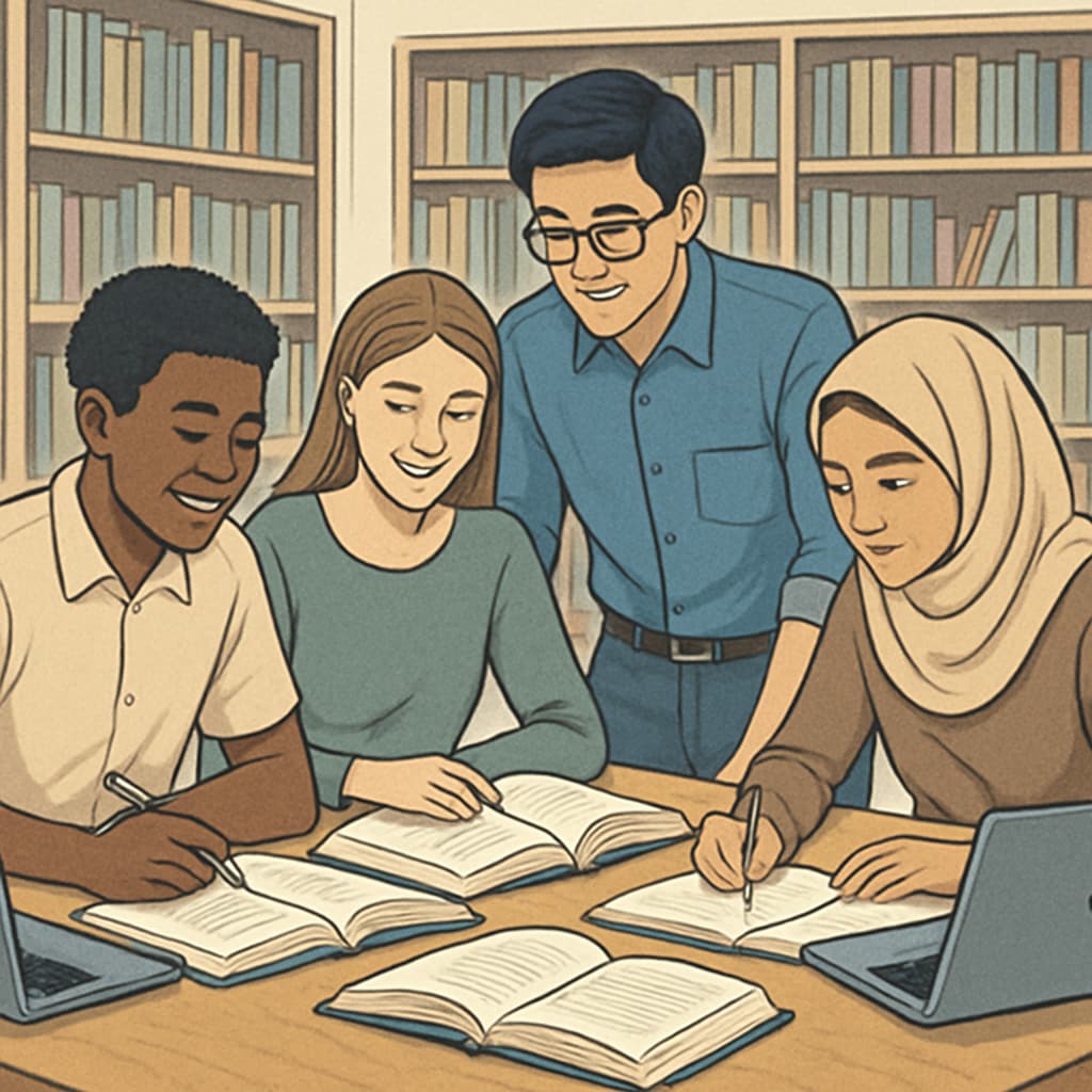 A diverse group of students studying together in a library with books and laptops, emphasizing collaboration and learning. Students collaborating in a library setting, representing study methods and teamwork.