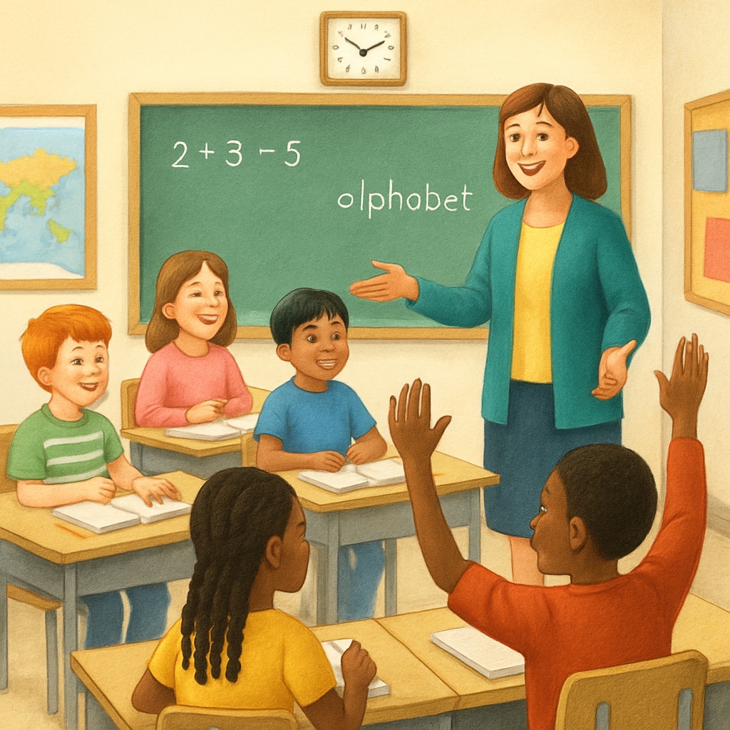 A classroom with young students interacting with a teacher, showcasing a vibrant and inclusive learning environment. Classroom environment with engaged students and teacher, reflecting school quality.