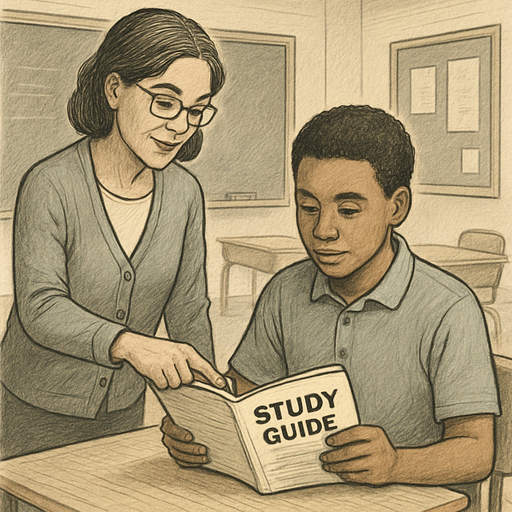 A teacher assisting a student with a study guide in a classroom, symbolizing personalized education and support. Teacher helping a student, illustrating effective learning strategies in a classroom.