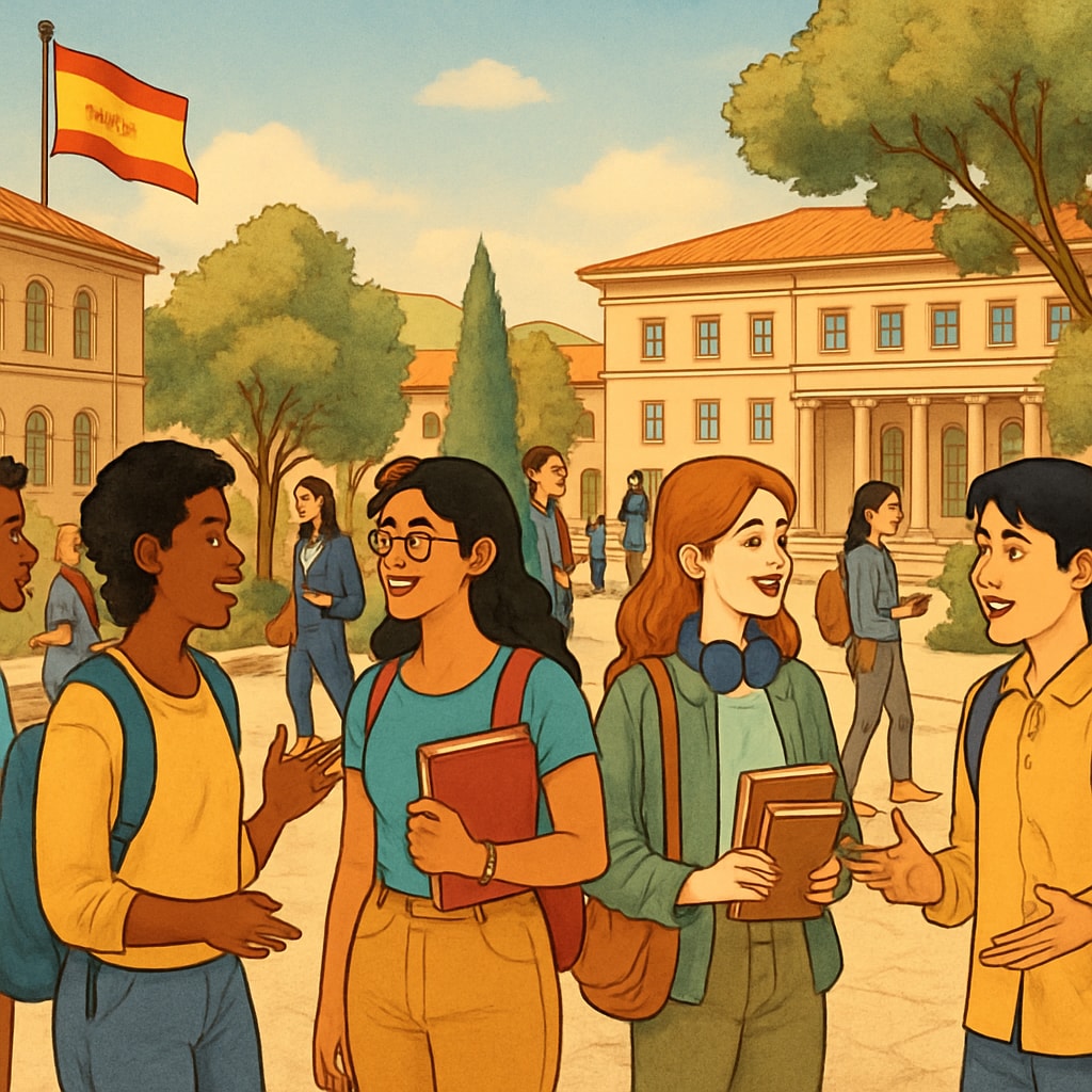 A busy university campus in Spain with international students interacting. University campus in Spain with international students learning and socializing.