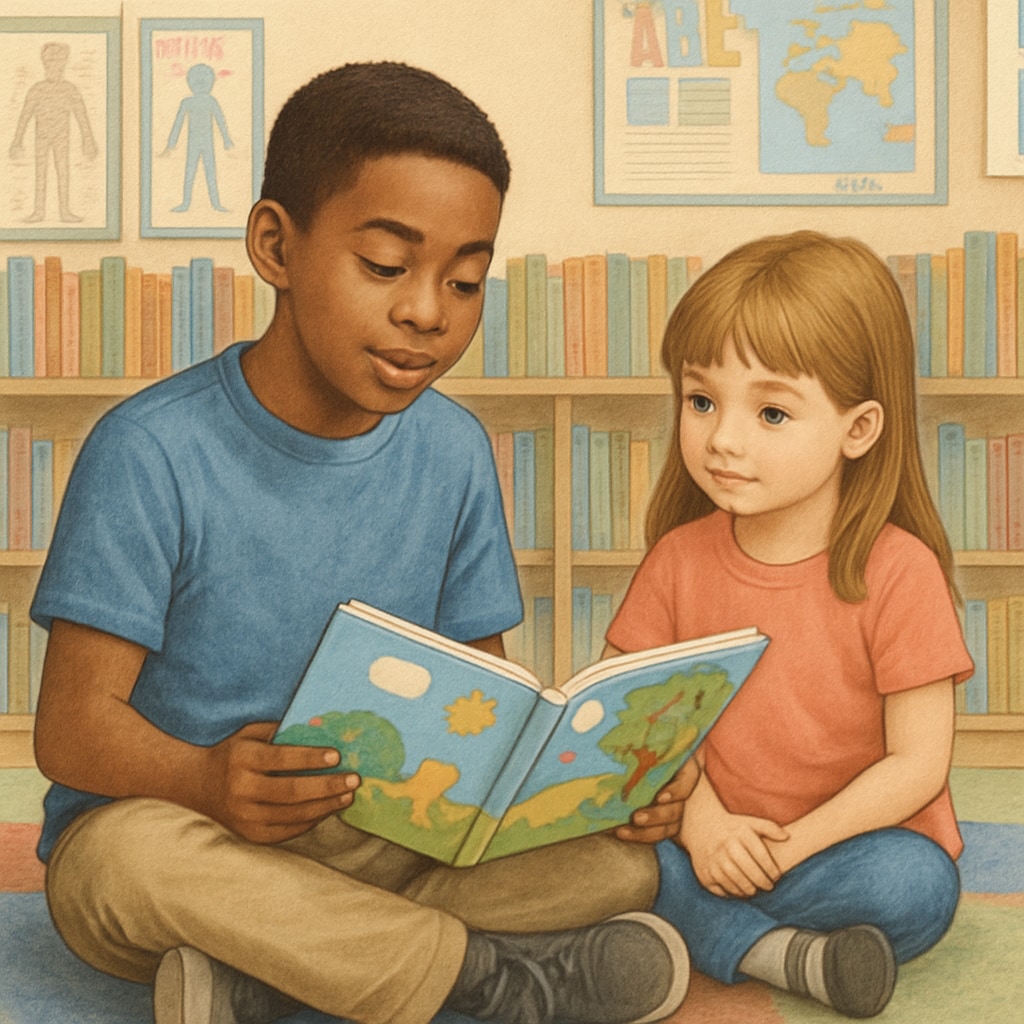 A fourth-grade student reading a colorful picture book to a kindergartener seated beside them on a classroom rug. Fourth-grade student reading a book to a kindergartener during a buddy program activity.
