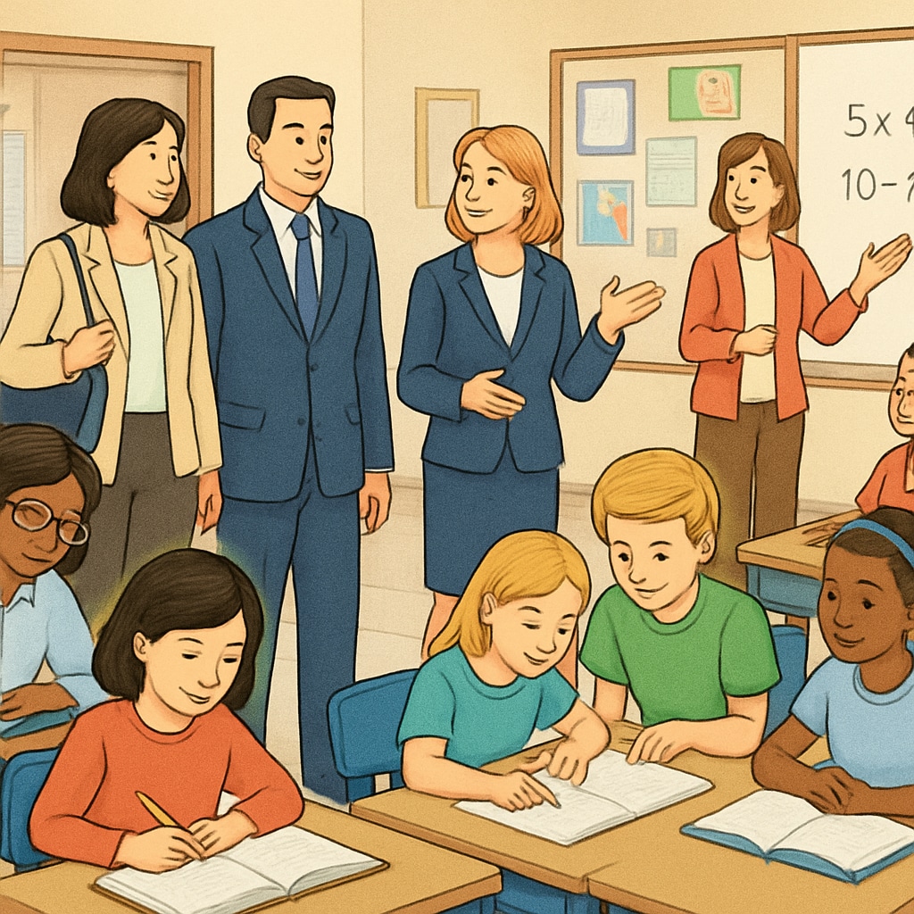 A parent touring a school with a guide, observing classroom activities and interacting with staff. School tour with parent observing classrooms and staff interaction.