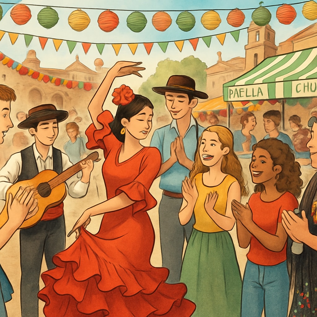 Traditional Spanish festival with students and locals celebrating together. Students and locals celebrating together at a traditional Spanish festival.